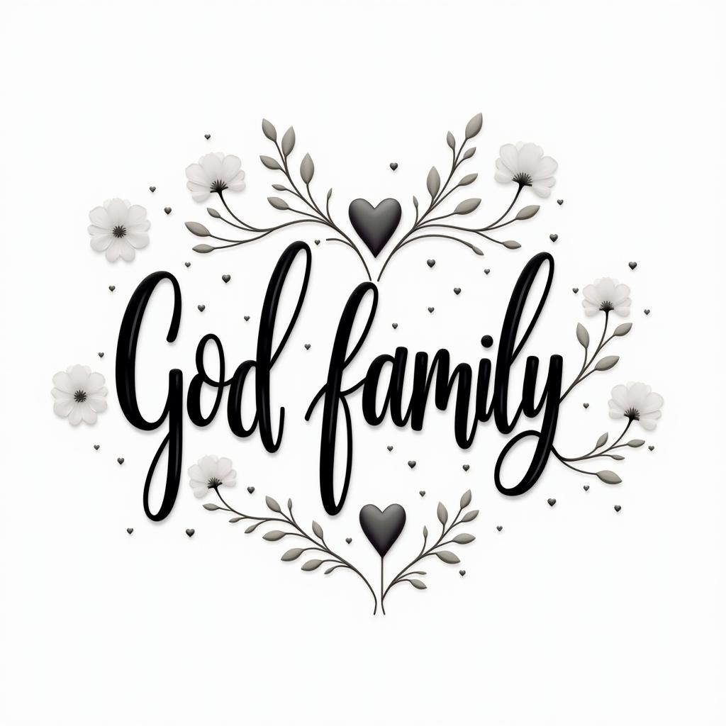 God and familyin elegant cursive calligraphy style 2d tattoo, decorate with roses, featuring a smooth and flowing handwritten script with slightly thickened strokes for a luxurious and bold appearance,  heart symbol between names,  sleek and glossy black text with shadowing, minimalist matte white background, clean and sharp edges, illuminated with soft lighting, romantic, 8k, high-quality textures with refined typography