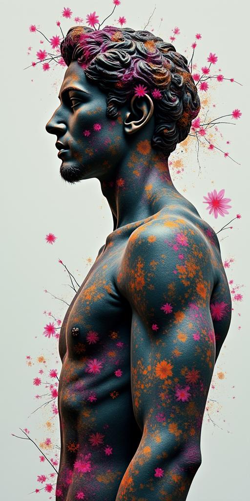 Treein distorted and fragmented tattoo design, featuring a classical statue bust, in a glitch art style with vibrant, overlapping colors of cyan, magenta, and yellow, creating a digital distortion effect - Variation 2