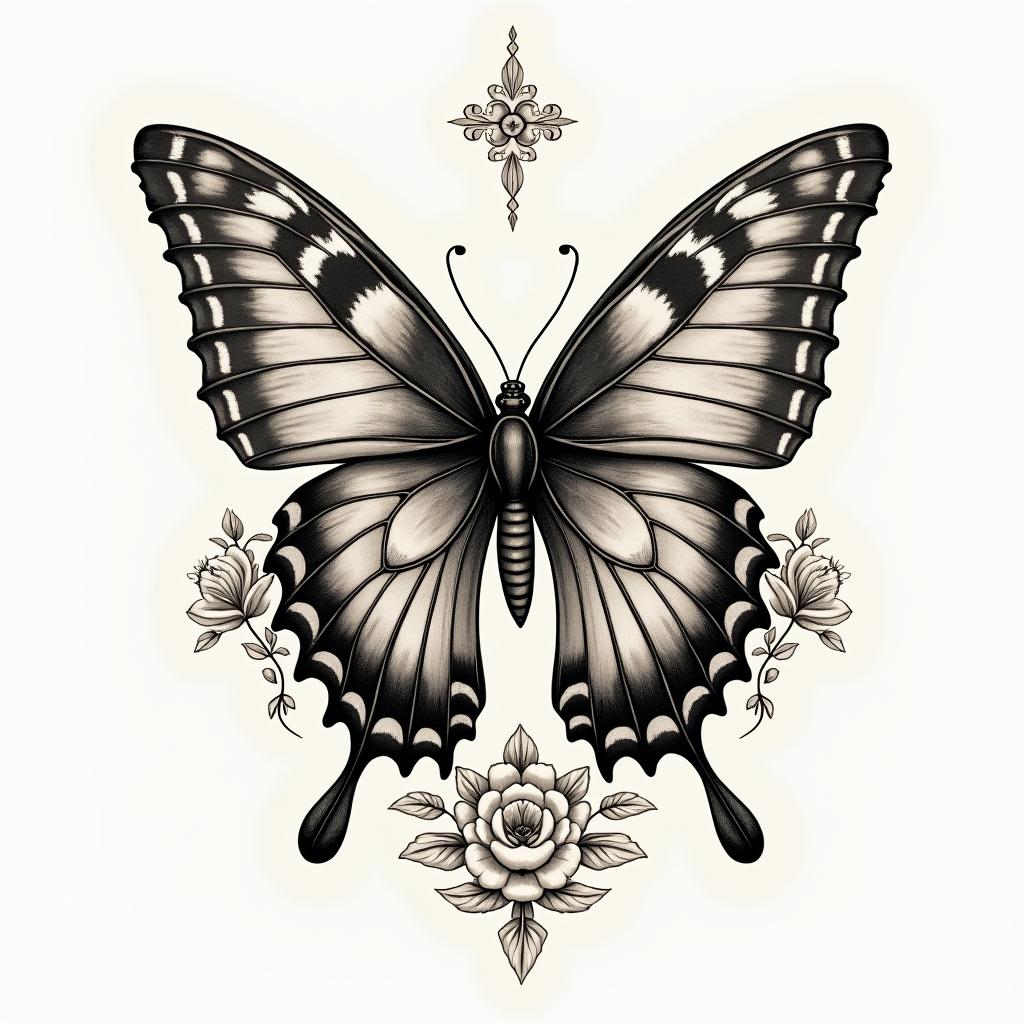Butterfly with intricate wing patternsin victorian style tattoo, featuring vintage and elegant elements, ornate frames, roses, antique, sepia-toned color scheme - Variation 2