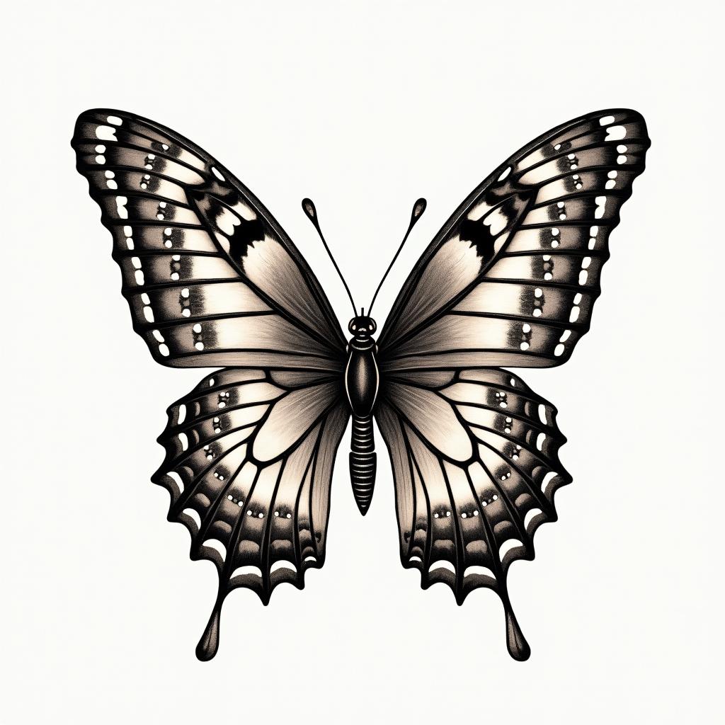 Butterfly with intricate wing patternsin victorian style tattoo, featuring vintage and elegant elements, ornate frames, roses, antique, sepia-toned color scheme