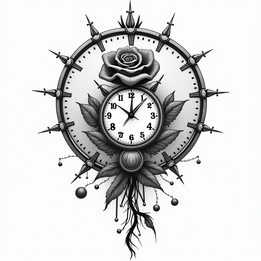 Rose, watch, planetsin bohemian style tattoo, 8k - Variation 4