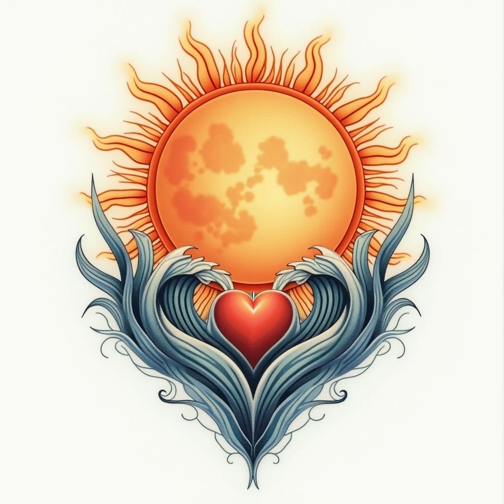Sun and moon intertwined, glowingin Modest style tattoo, featuring soft, delicate line work with simple and meaningful symbols, gentle waves, a heart, evoking a sense of serenity and grace, - Variation 4