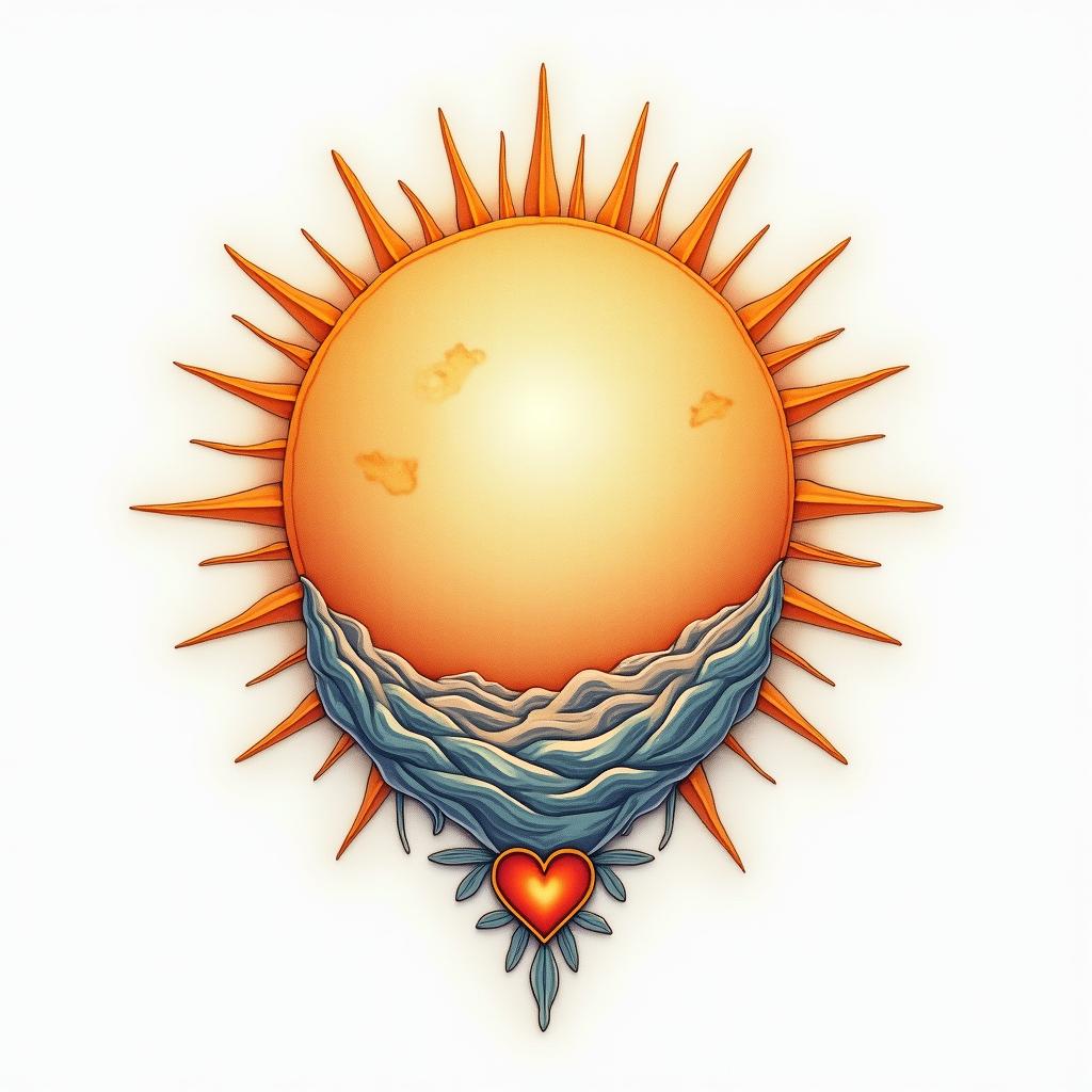 Sun and moon intertwined, glowingin Modest style tattoo, featuring soft, delicate line work with simple and meaningful symbols, gentle waves, a heart, evoking a sense of serenity and grace, - Variation 3