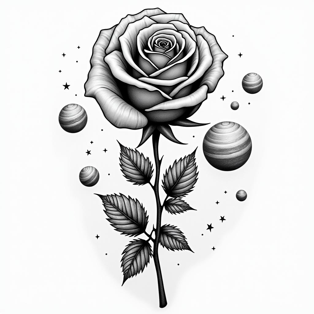 Rose, watch, planetsin bohemian style tattoo, 8k - Variation 3