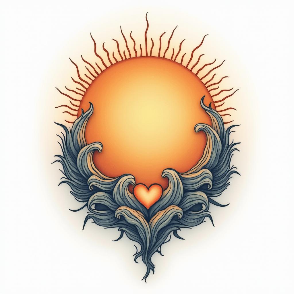 Sun and moon intertwined, glowingin Modest style tattoo, featuring soft, delicate line work with simple and meaningful symbols, gentle waves, a heart, evoking a sense of serenity and grace,