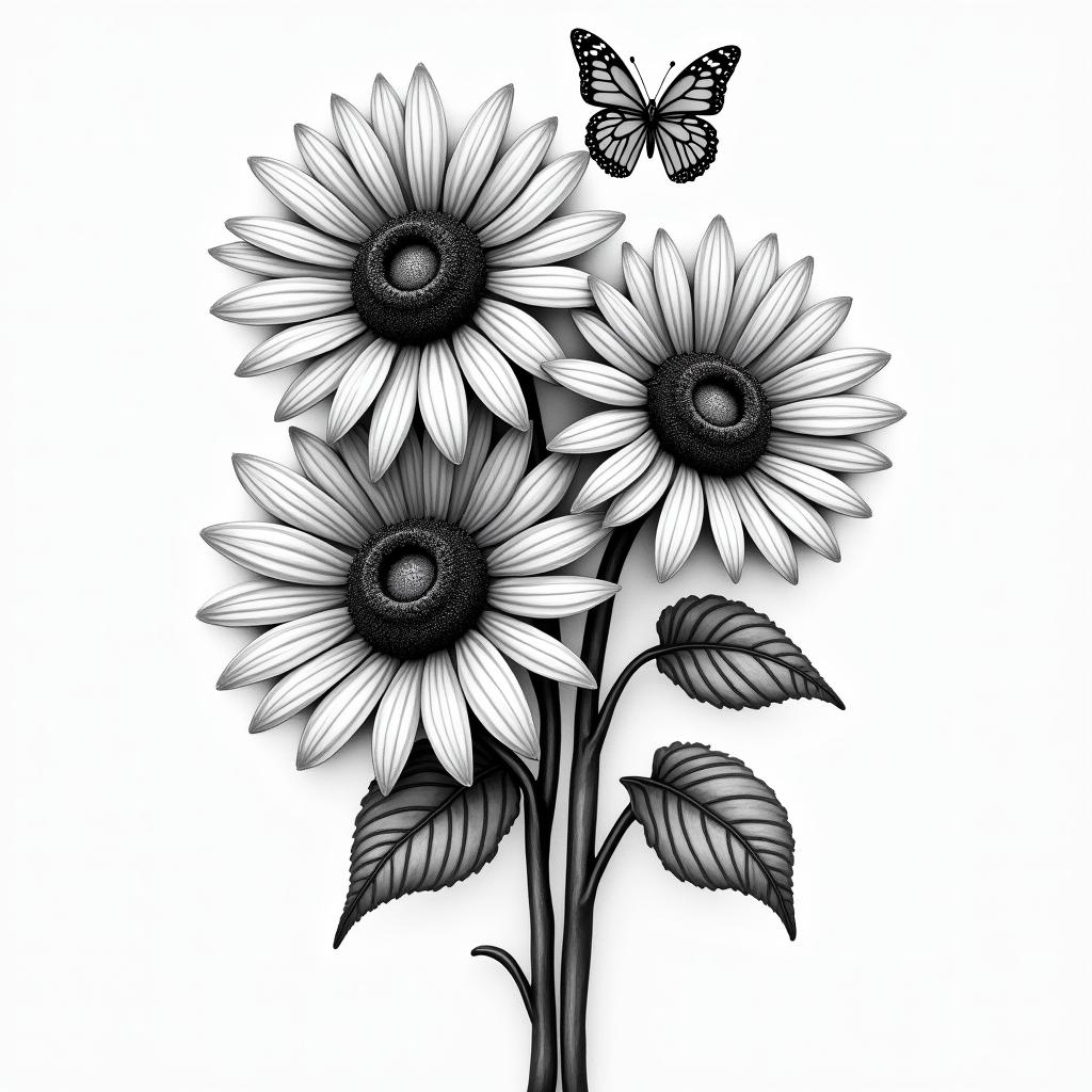 Sunflowers with butterflieshigly detailed tattoo - Variation 4