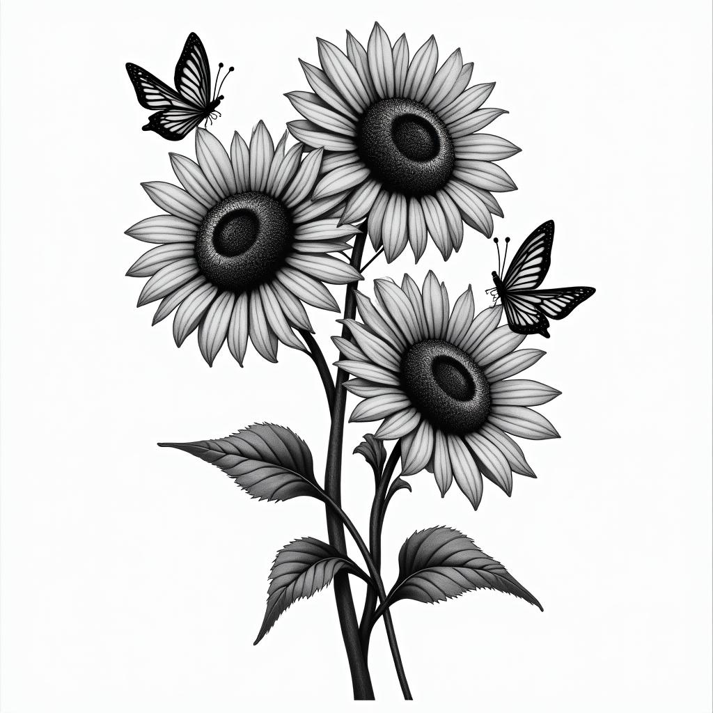 Sunflowers with butterflieshigly detailed tattoo - Variation 2