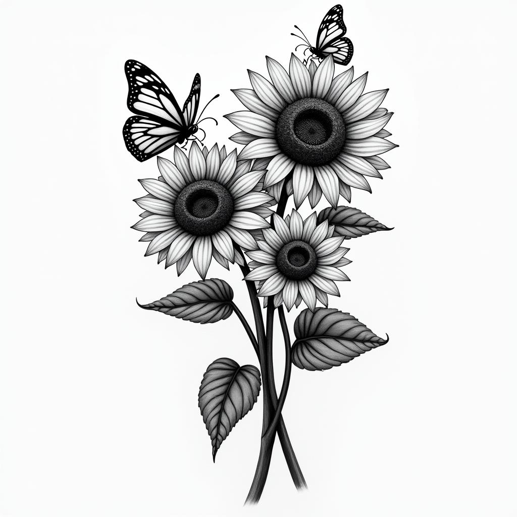 Sunflowers with butterflieshigly detailed tattoo - Variation 3