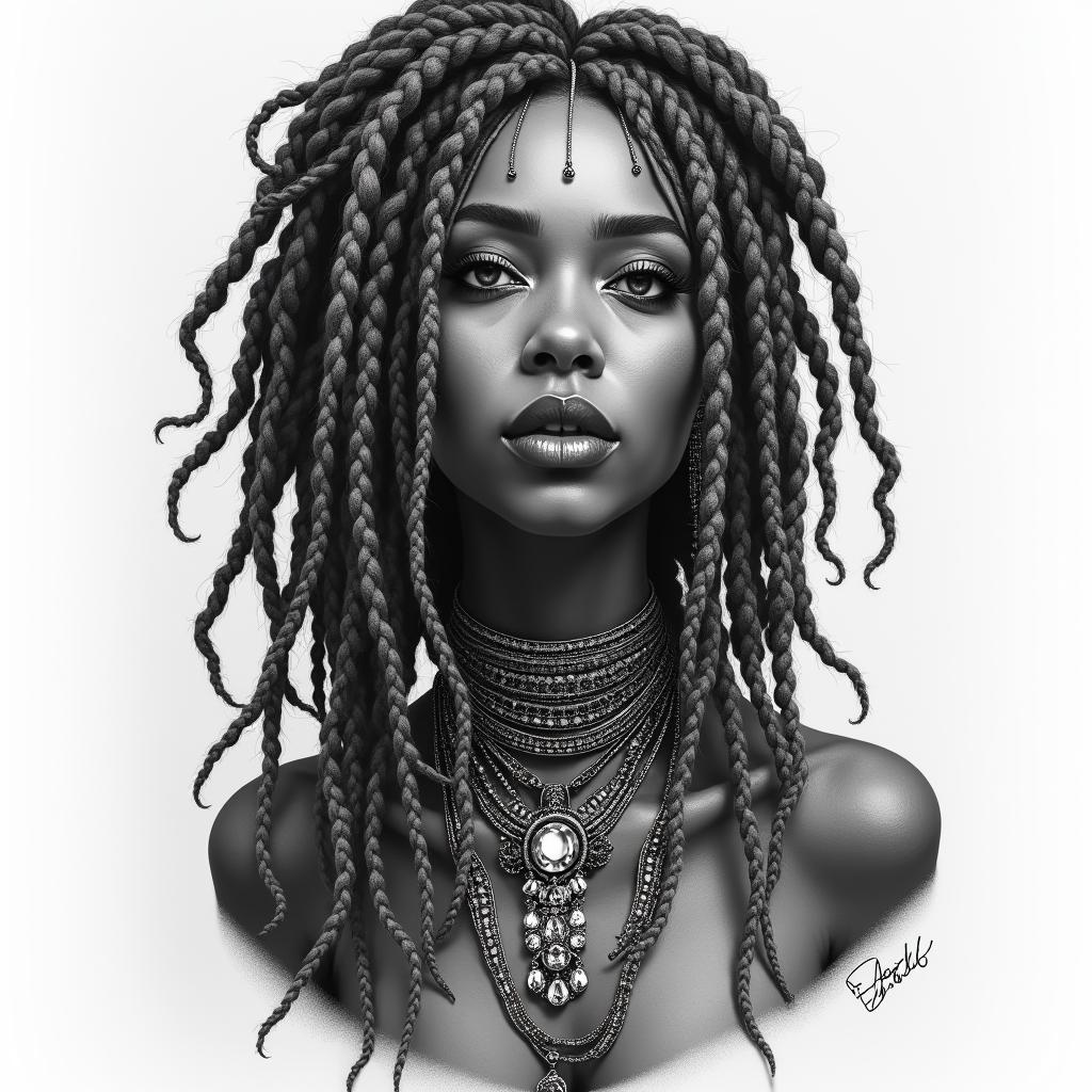 Hoodoo magical feminine  full lips African ancestors urban mature with locs with jewels and accessories with grey streak in hairhigly detailed tattoo - Variation 3