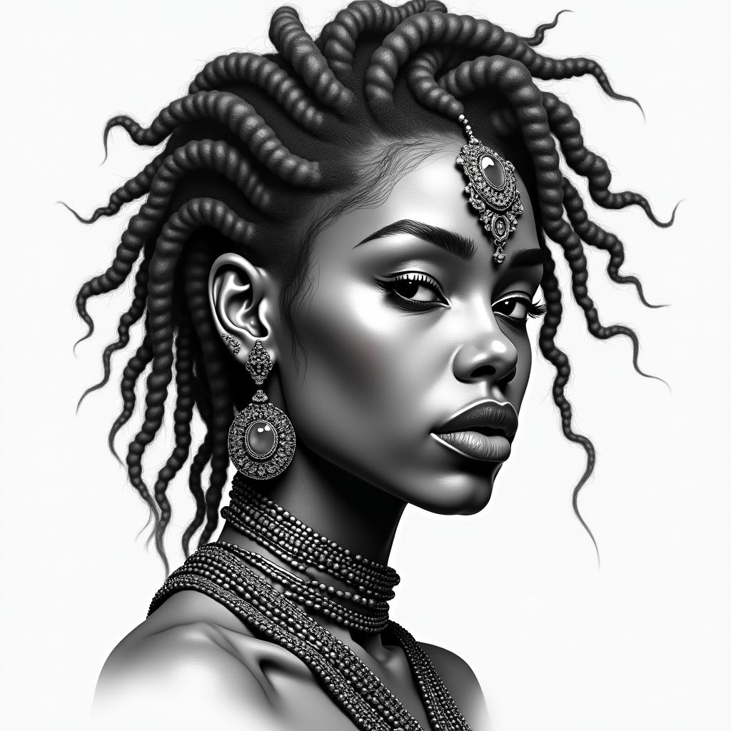 Hoodoo magical feminine  full lips African ancestors urban mature with locs with jewels and accessories with grey streak in hairhigly detailed tattoo - Variation 4