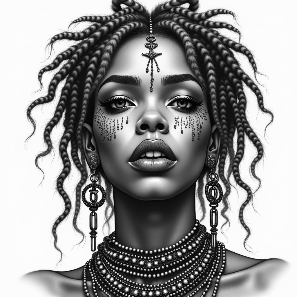 Hoodoo magical feminine  full lips African ancestors urban mature with locs with jewels and accessories with grey streak in hairhigly detailed tattoo - Variation 2