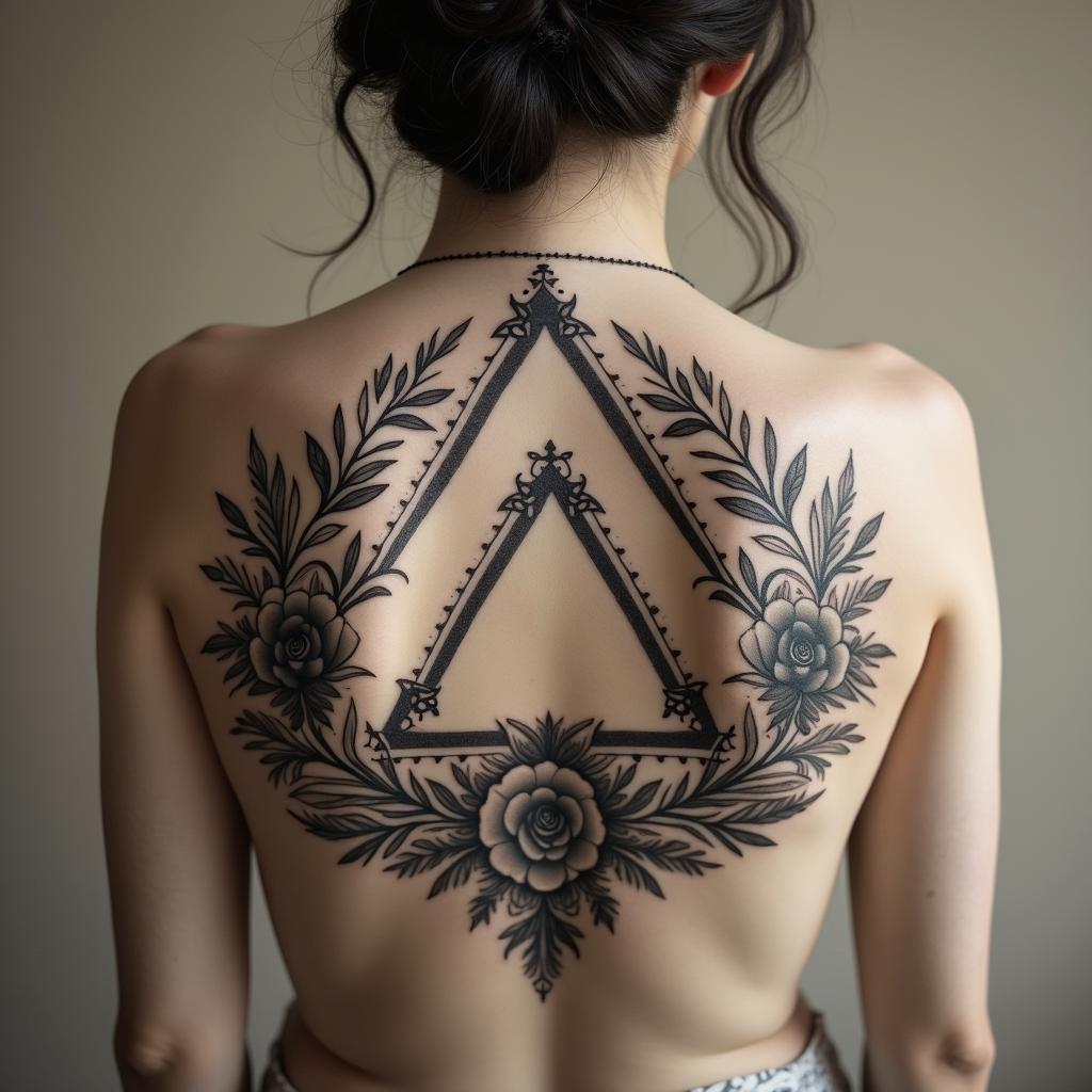 Simple triangle with a line through it.in victorian style tattoo, featuring vintage and elegant elements, ornate frames, roses, antique, sepia-toned color scheme