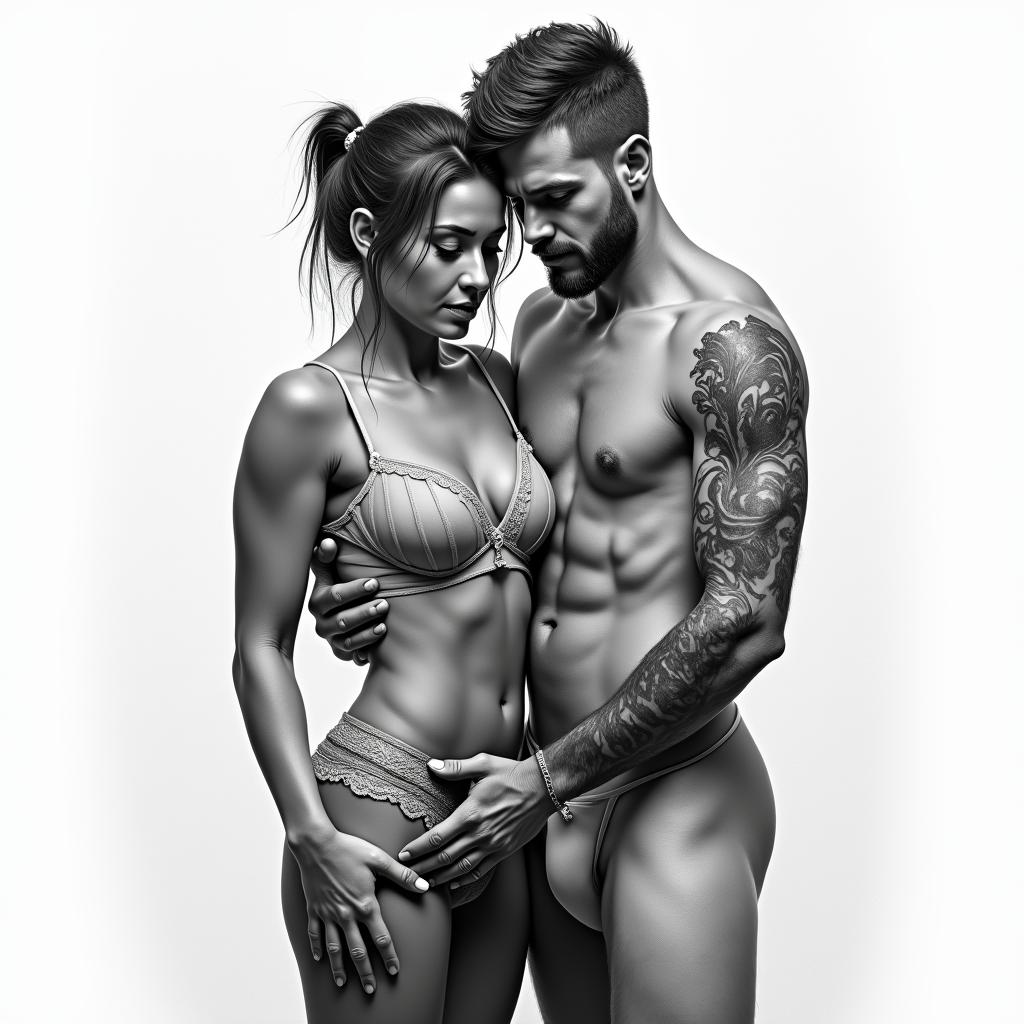 A man stretching to a woman dressed so that she doesn't leave.in realism tattoo style, featuring a highly detailed, lifelike, capturing every detail, photorealistic, ultra realistic, intricate shading, smooth and sharp,
