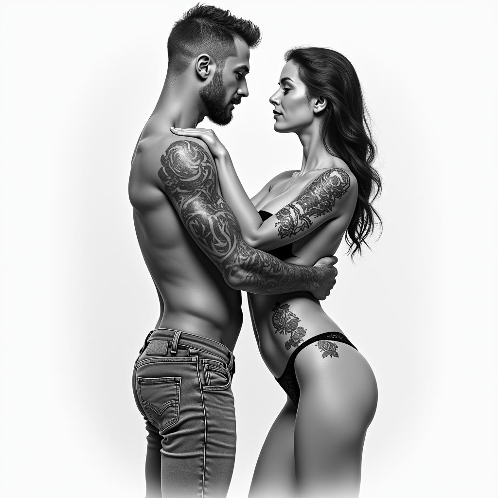 A man stretching to a woman dressed so that she doesn't leave.in realism tattoo style, featuring a highly detailed, lifelike, capturing every detail, photorealistic, ultra realistic, intricate shading, smooth and sharp, - Variation 2