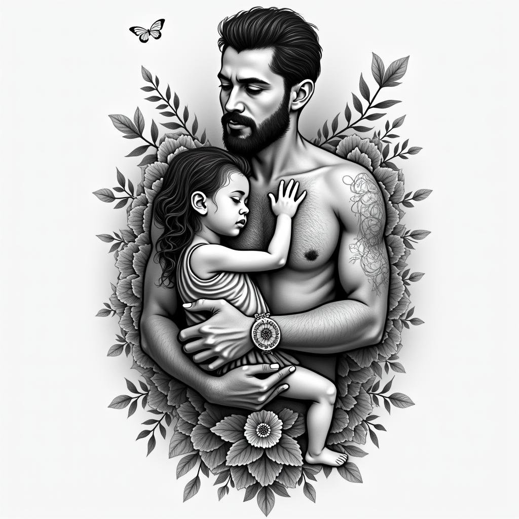 A meaningful tattoo design that symbolizes the bond between the client and their goddaughter Imani, featuring an image of the client holding her on his chest. Integrate the spirit of the client's deceased mother, Dawn, depicted as watching from the heavens above. Include a representation of a Lexus IS300 to symbolize the client's love for cars, combined with elements that evoke peace and quiet. Add the concept of twin flames to represent the client's connection to his twin brother David, while incorporating subtle motifs that resonate with themes of family, love, and guidance, creating a unique and personal tribute.higly detailed tattoo - Variation 4