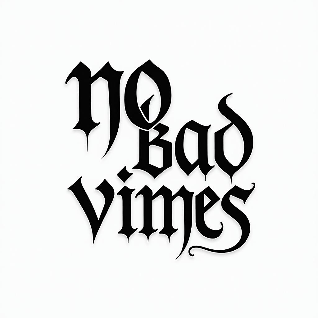 no bad vibestext-based tattoo, gothic font ultra-realistic, perfectly placed, high-quality font design, photo-realistic shading, 8k, high quality, finely detailed typography - Variation 5