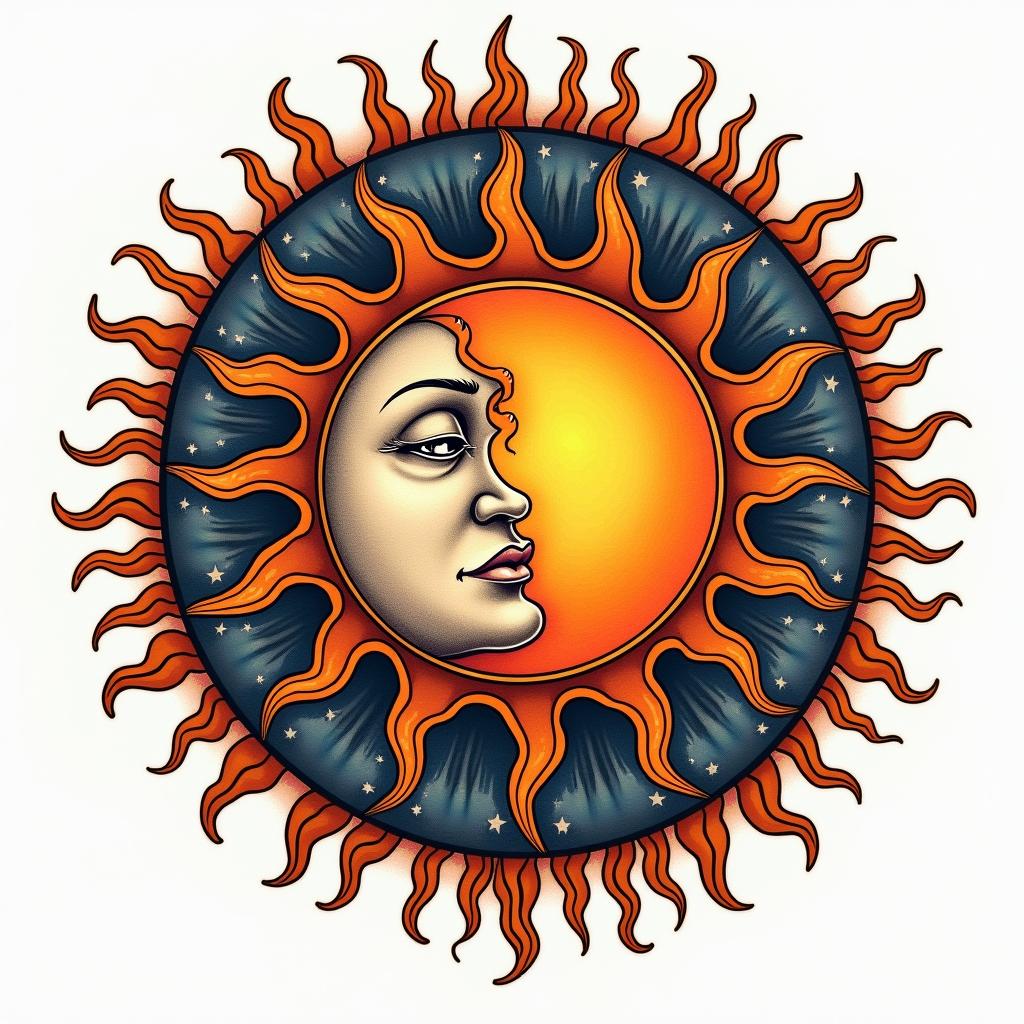 Sun and moon intertwined, glowingin authentic tattoo style, incorporating traditional modifications, bold black outlines, solid color fills, featuring classic authentic elements - Variation 4