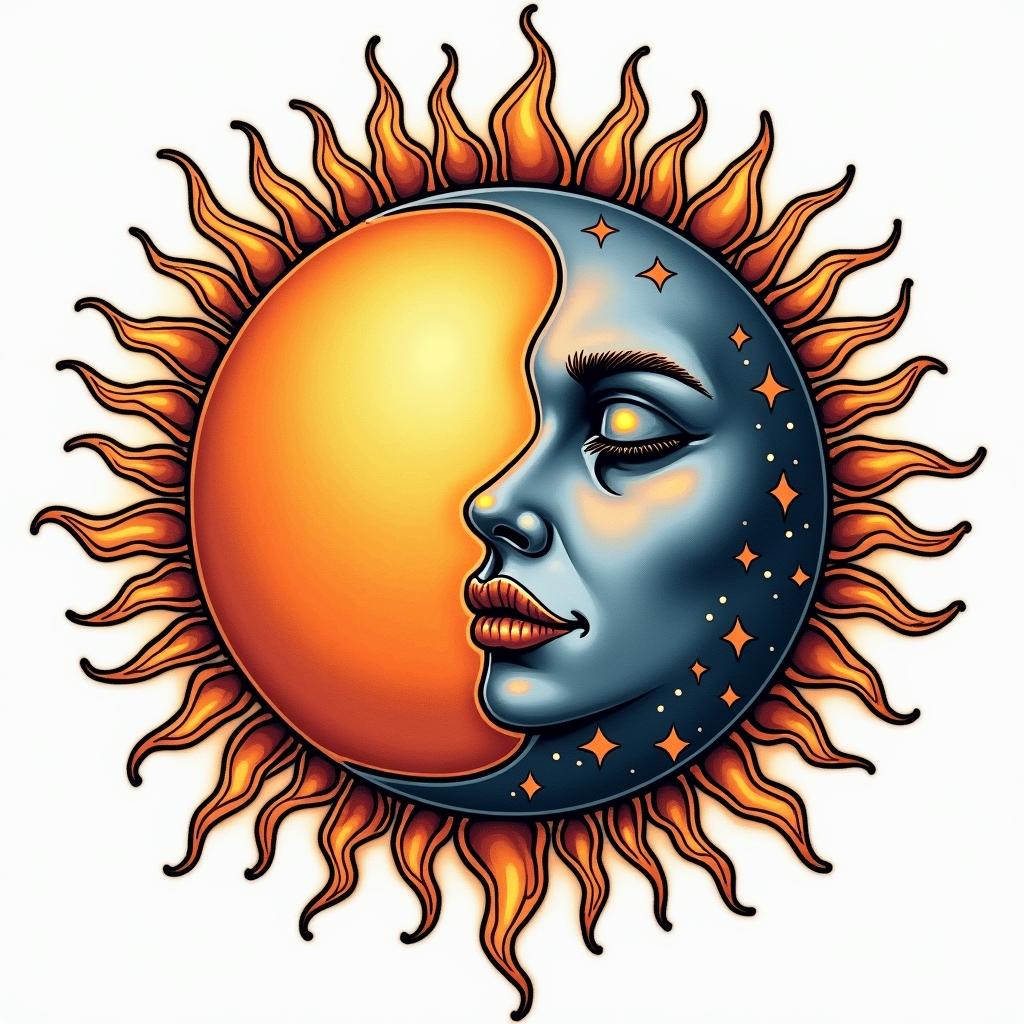 Sun and moon intertwined, glowingin authentic tattoo style, incorporating traditional modifications, bold black outlines, solid color fills, featuring classic authentic elements - Variation 2