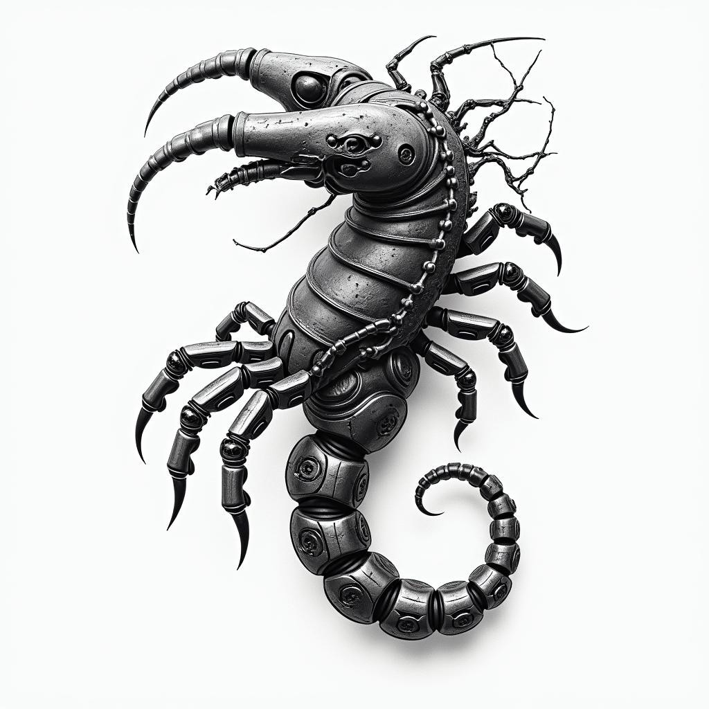 Scorpiotattoo in biomechanic style, the tattoo covered by robotic elements of futuristic cyberpunk design, robotic features detail, showcasing intricate mechanical components