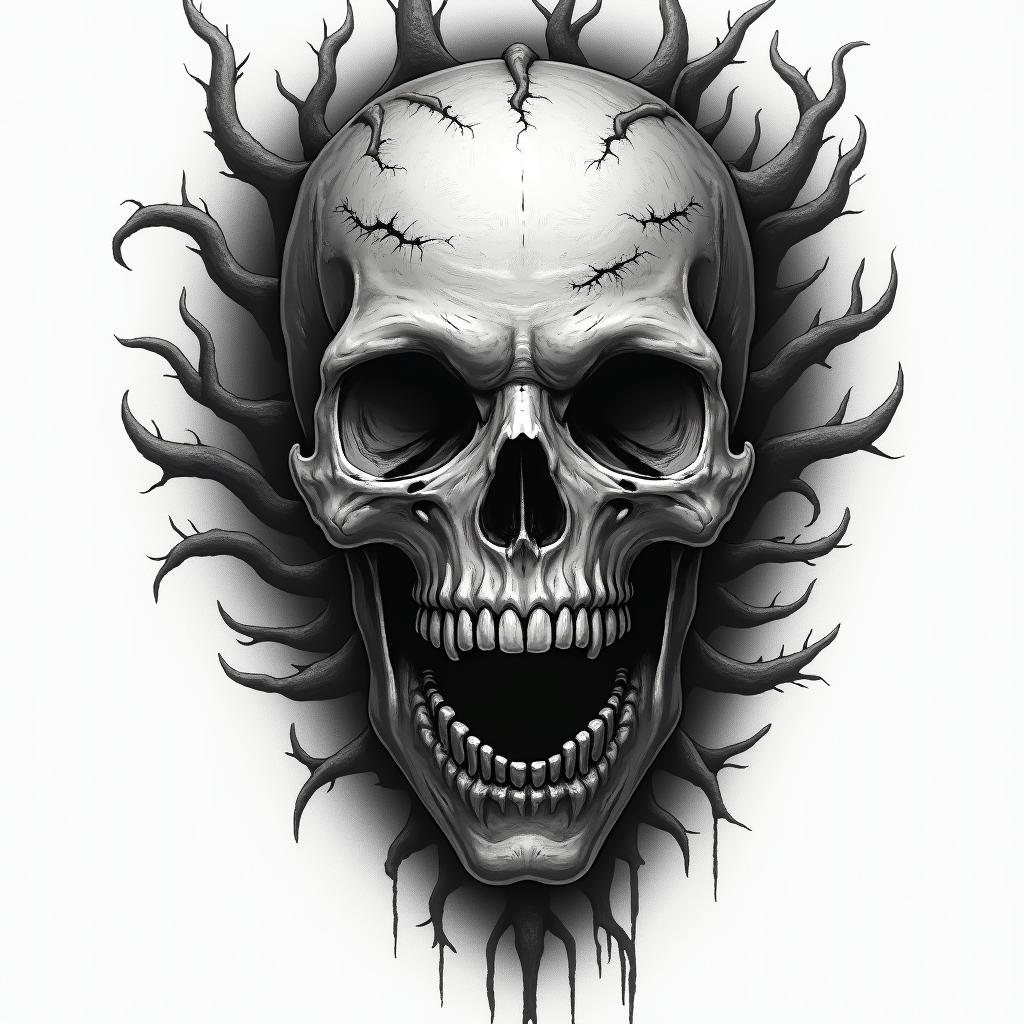 Borderline personality disorder in horror tattoo style, showcasing haunting and unsettling, dark and gritty textures with skulls, eerie faces, jgged designs, bold and intense shading - Variation 2