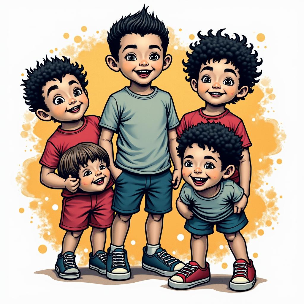 Four kidsin pop art style tattoo, featuring bold and vibrant colors, exaggerated outlines, iconic imagery, inspired by comic books and speech bubbles, comic book characters, retro pop culture - Variation 3