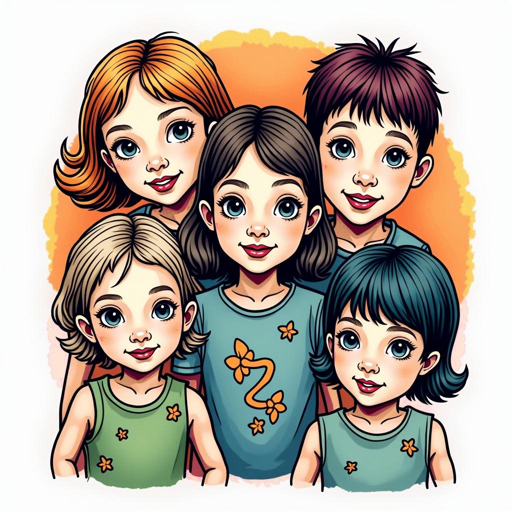 Four kidsin pop art style tattoo, featuring bold and vibrant colors, exaggerated outlines, iconic imagery, inspired by comic books and speech bubbles, comic book characters, retro pop culture - Variation 4