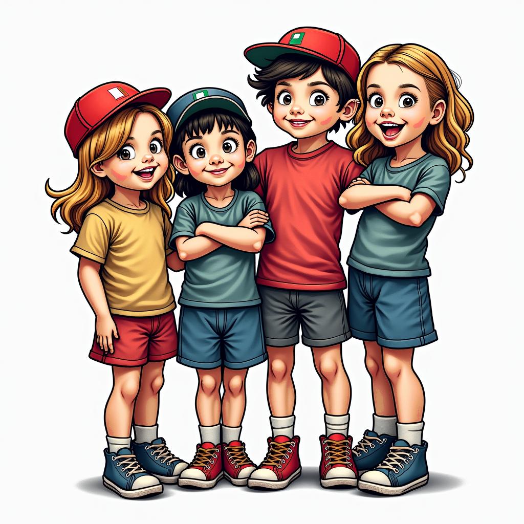 Four kidsin pop art style tattoo, featuring bold and vibrant colors, exaggerated outlines, iconic imagery, inspired by comic books and speech bubbles, comic book characters, retro pop culture - Variation 2