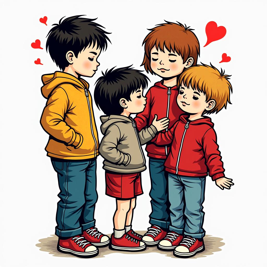 Four kidsin pop art style tattoo, featuring bold and vibrant colors, exaggerated outlines, iconic imagery, inspired by comic books and speech bubbles, comic book characters, retro pop culture
