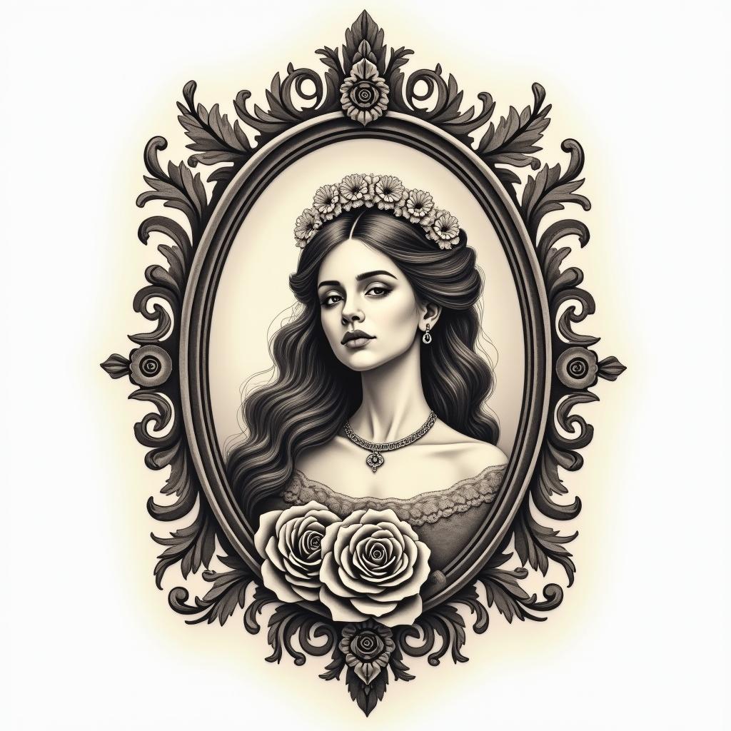 Resiliencein victorian style tattoo, featuring vintage and elegant elements, ornate frames, roses, antique, sepia-toned color scheme - Variation 3