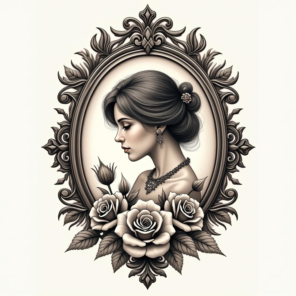 Resiliencein victorian style tattoo, featuring vintage and elegant elements, ornate frames, roses, antique, sepia-toned color scheme - Variation 4