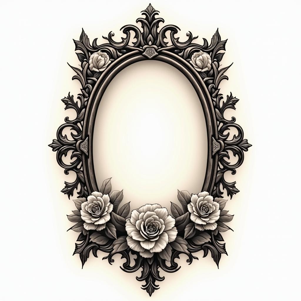 Resiliencein victorian style tattoo, featuring vintage and elegant elements, ornate frames, roses, antique, sepia-toned color scheme
