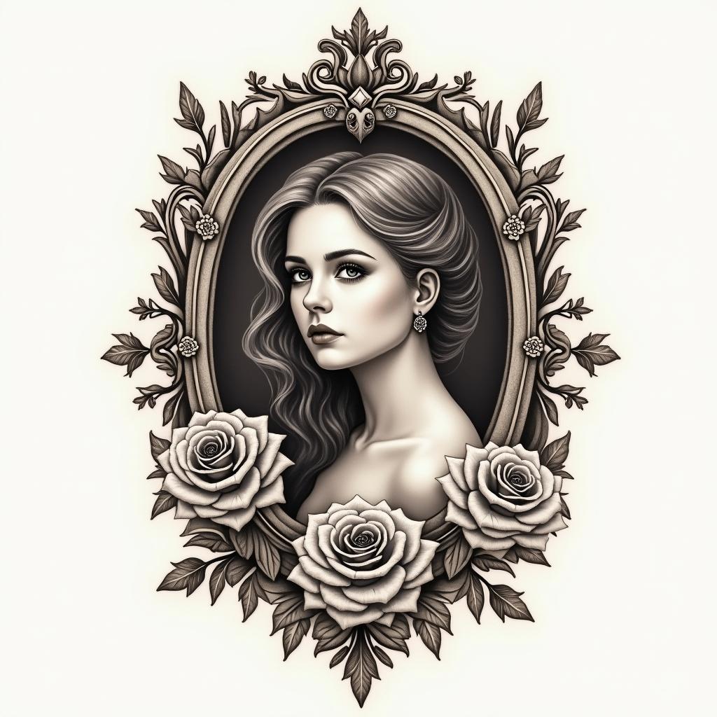 Resiliencein victorian style tattoo, featuring vintage and elegant elements, ornate frames, roses, antique, sepia-toned color scheme - Variation 2
