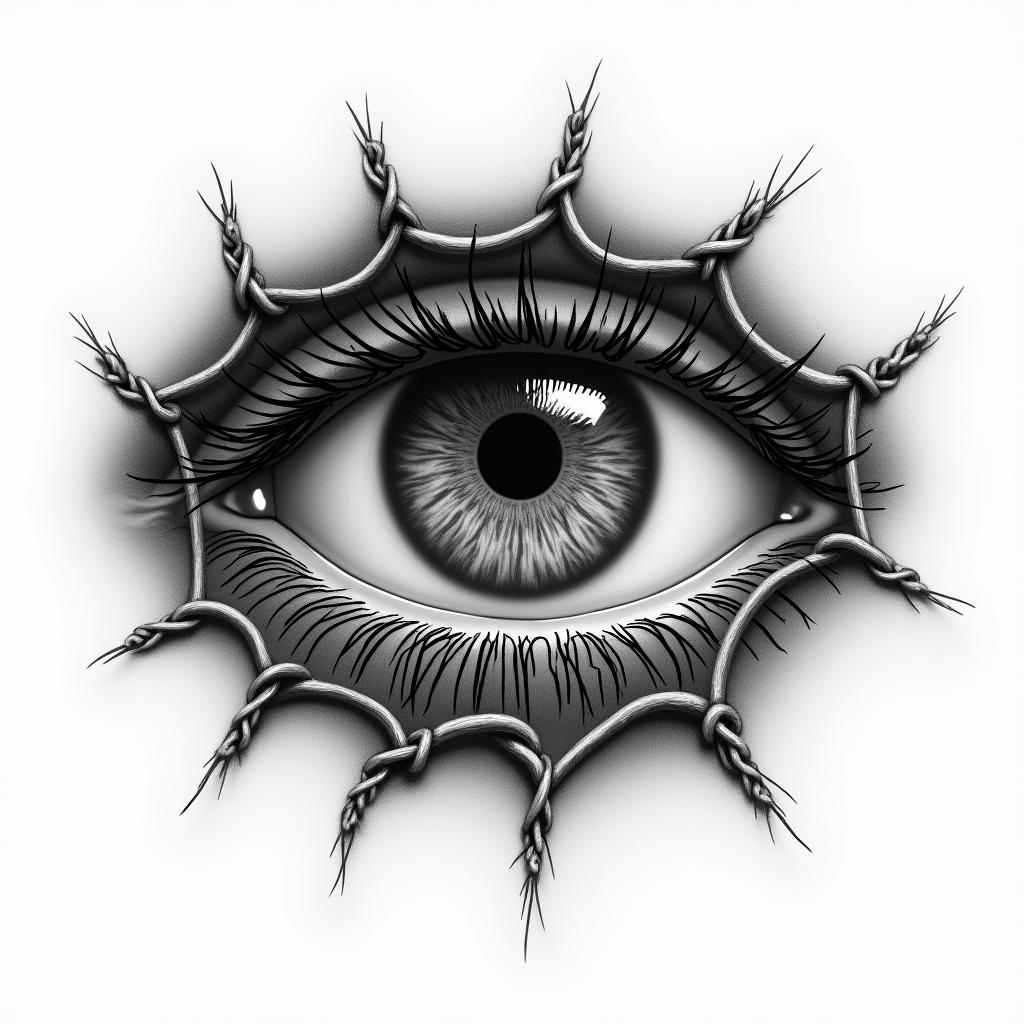 An eye surrounded by a chain-link fencein portrait tattoo style, featuring a highly realistic and detailed depiction - Variation 1