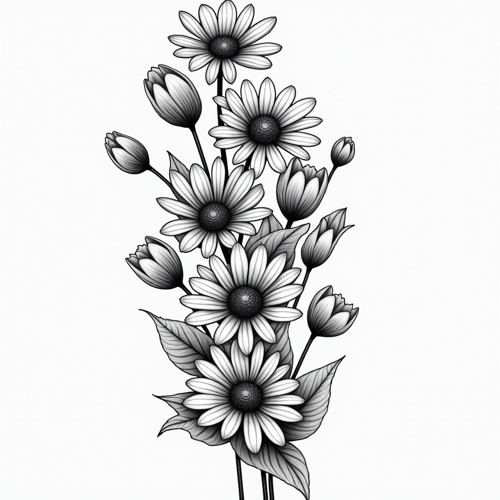 Half sleeve tattoo with a mixture of daisies, water lilies, and lily of the valleyin bohemian style tattoo, 8k - Variation 4