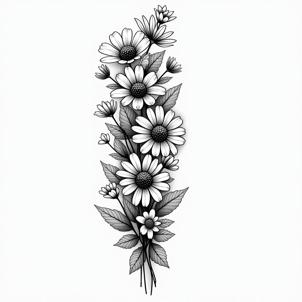 Half sleeve tattoo with a mixture of daisies, water lilies, and lily of the valleyin bohemian style tattoo, 8k - Variation 2