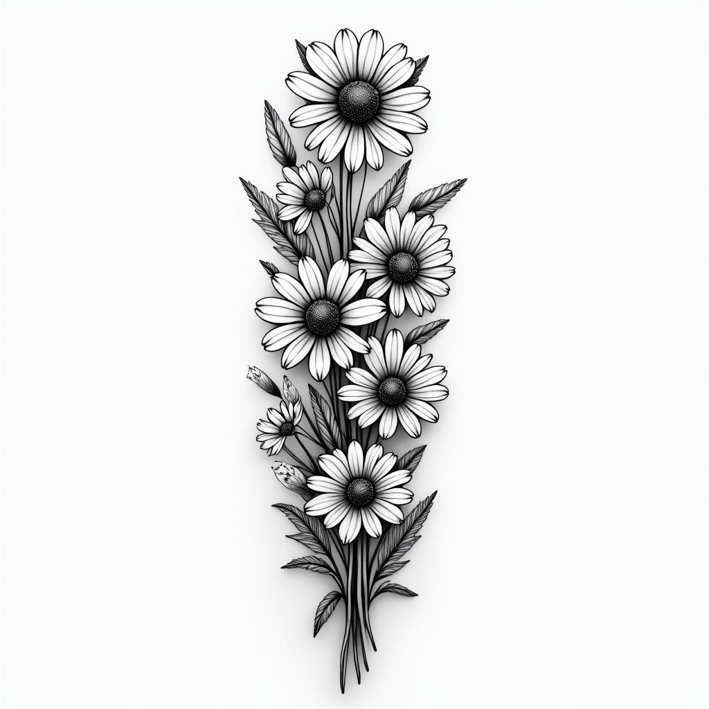 Half sleeve tattoo with a mixture of daisies, water lilies, and lily of the valleyin bohemian style tattoo, 8k