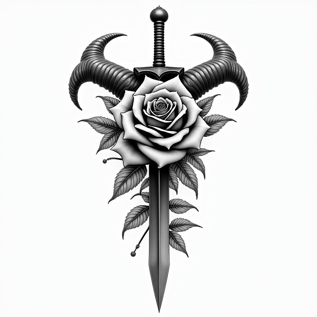Rose, Taurus, Sword, Harlequinhigly detailed tattoo