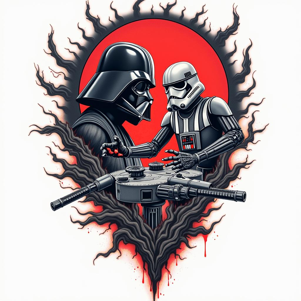 Star wars battlein pop art style tattoo, featuring bold and vibrant colors, exaggerated outlines, iconic imagery, inspired by comic books and speech bubbles, comic book characters, retro pop culture - Variation 2