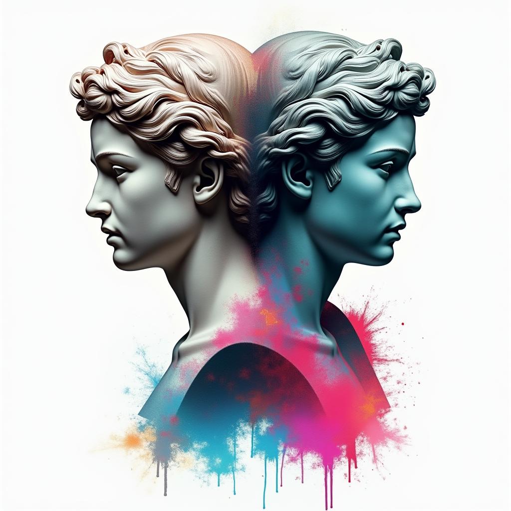 2 girls 2 boysin distorted and fragmented tattoo design, featuring a classical statue bust, in a glitch art style with vibrant, overlapping colors of cyan, magenta, and yellow, creating a digital distortion effect - Variation 4