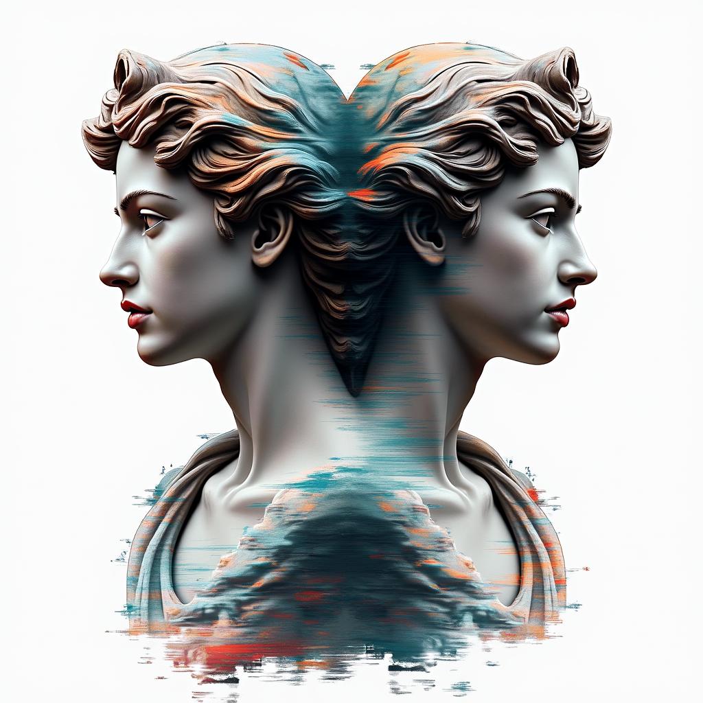 2 girls 2 boysin distorted and fragmented tattoo design, featuring a classical statue bust, in a glitch art style with vibrant, overlapping colors of cyan, magenta, and yellow, creating a digital distortion effect - Variation 3