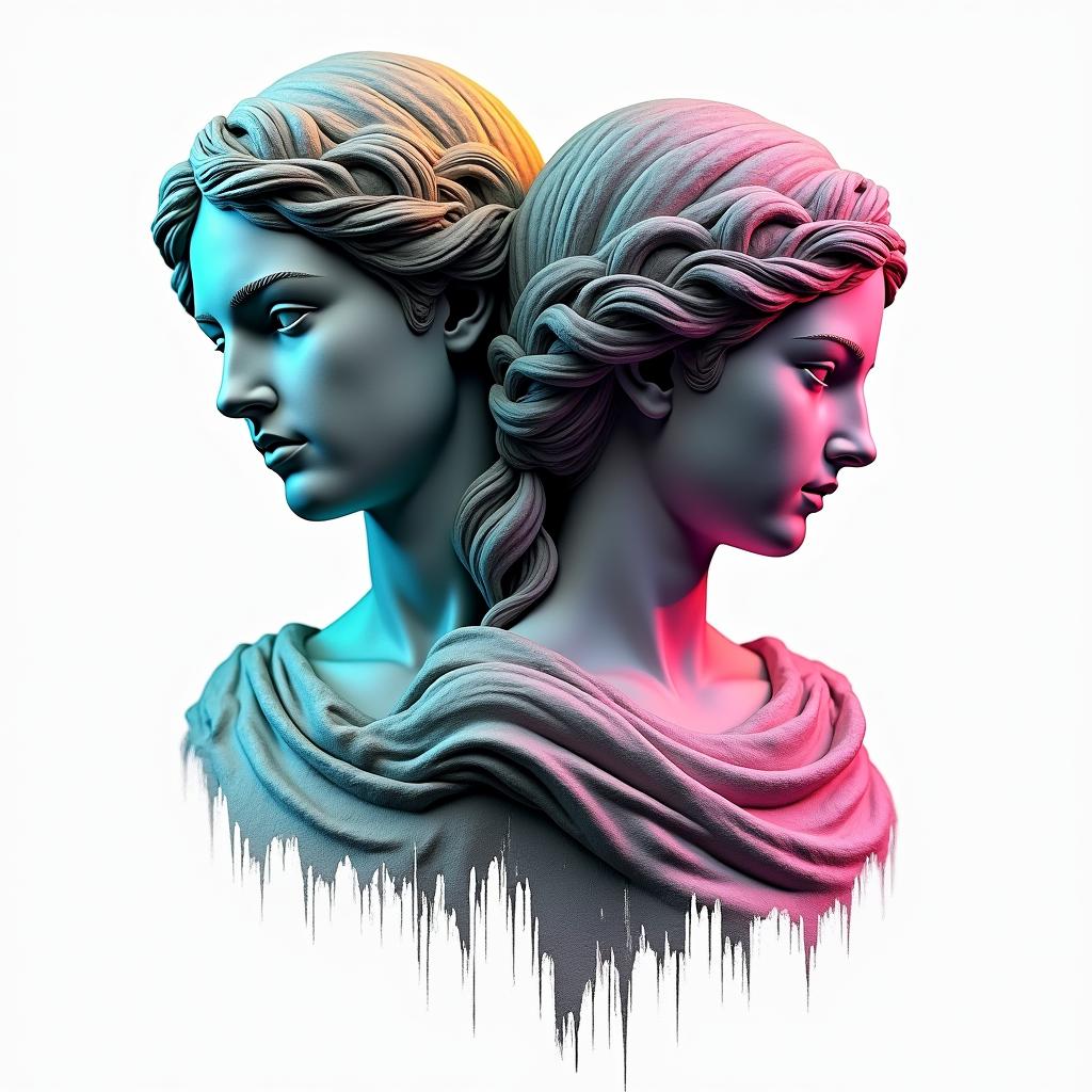 2 girls 2 boysin distorted and fragmented tattoo design, featuring a classical statue bust, in a glitch art style with vibrant, overlapping colors of cyan, magenta, and yellow, creating a digital distortion effect