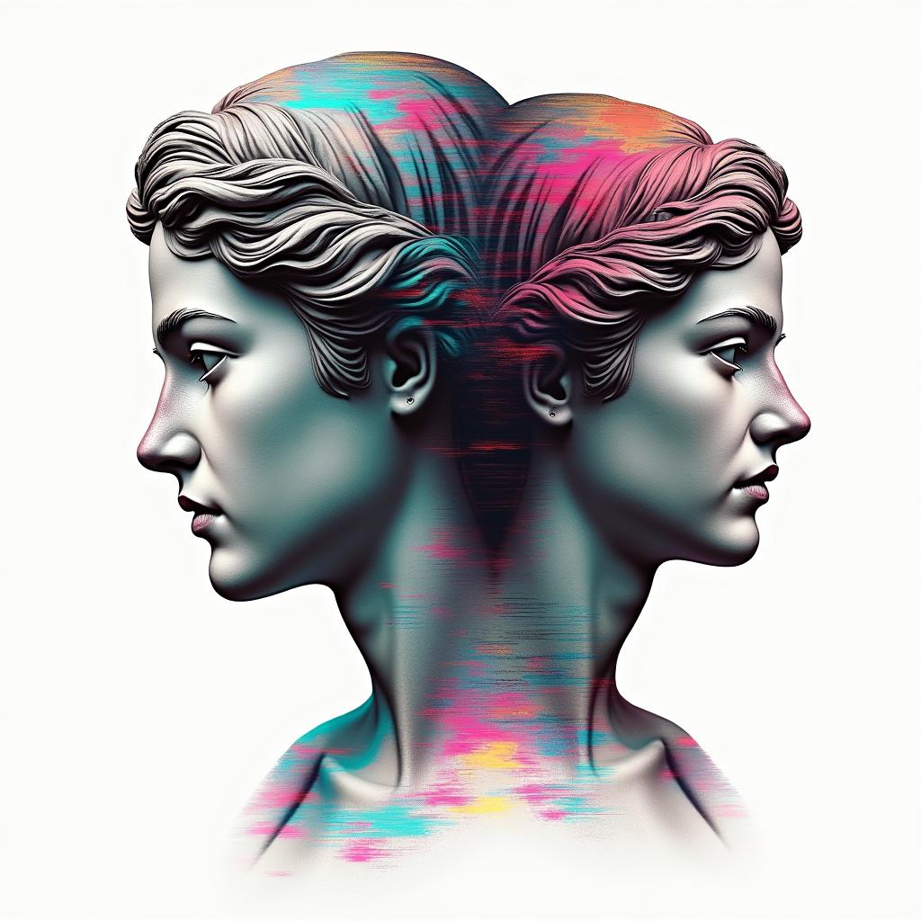 2 girls 2 boysin distorted and fragmented tattoo design, featuring a classical statue bust, in a glitch art style with vibrant, overlapping colors of cyan, magenta, and yellow, creating a digital distortion effect - Variation 2