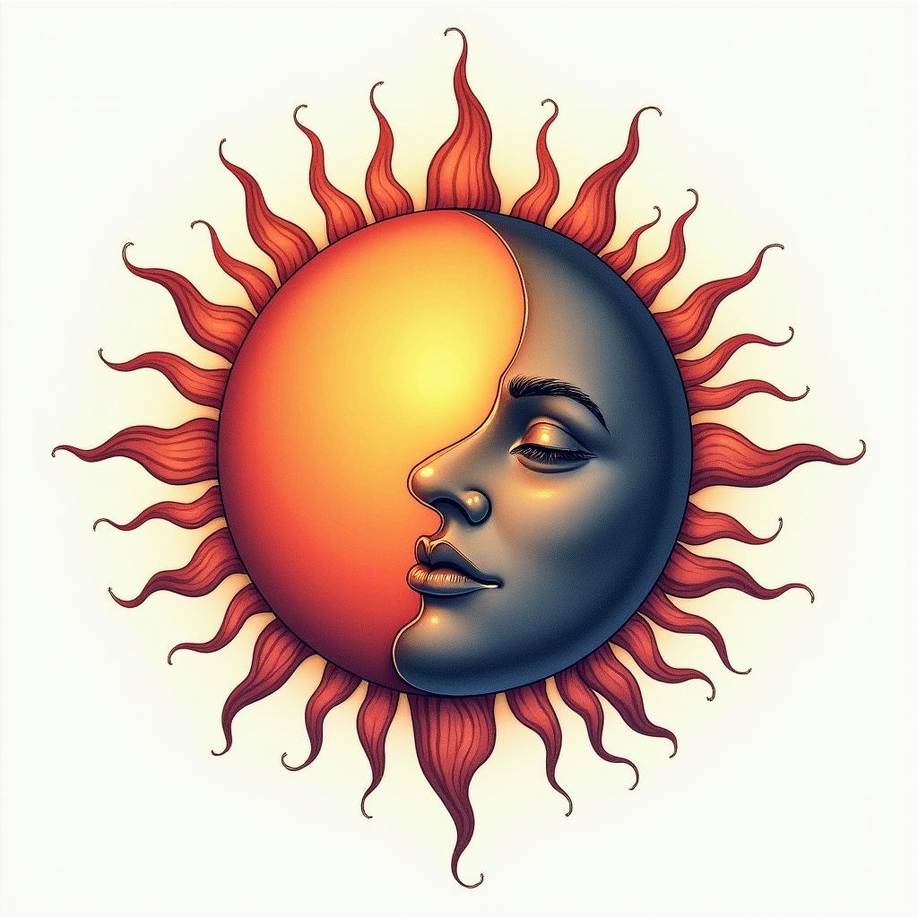 Sun and moon intertwined, glowingminimalist text-based tattoo, Monospace font ultra-realistic, perfectly placed, high-quality font design, photo-realistic shading, 8k, high quality, finely detailed typograph - Variation 3