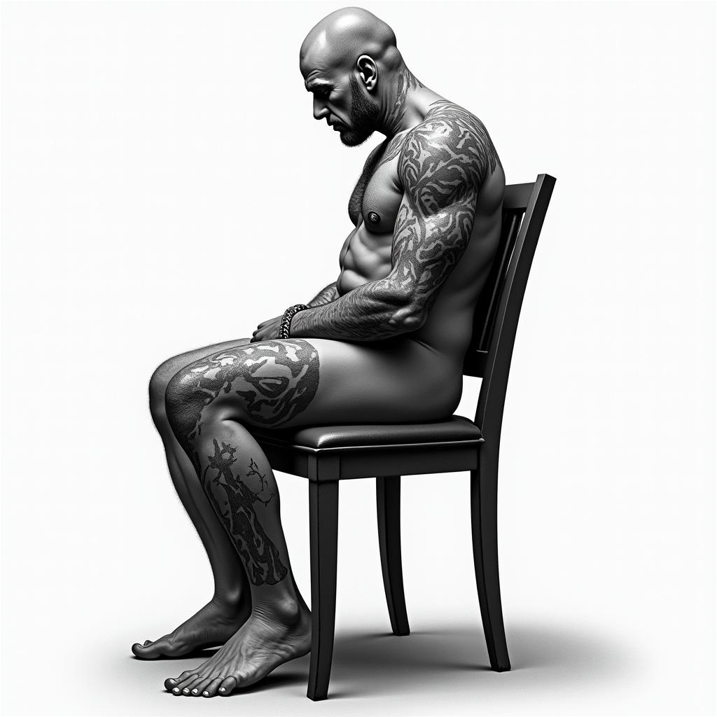 Someone tied to a chair with injuries.in realism tattoo style, featuring a highly detailed, lifelike, capturing every detail, photorealistic, ultra realistic, intricate shading, smooth and sharp,   - Variation 3