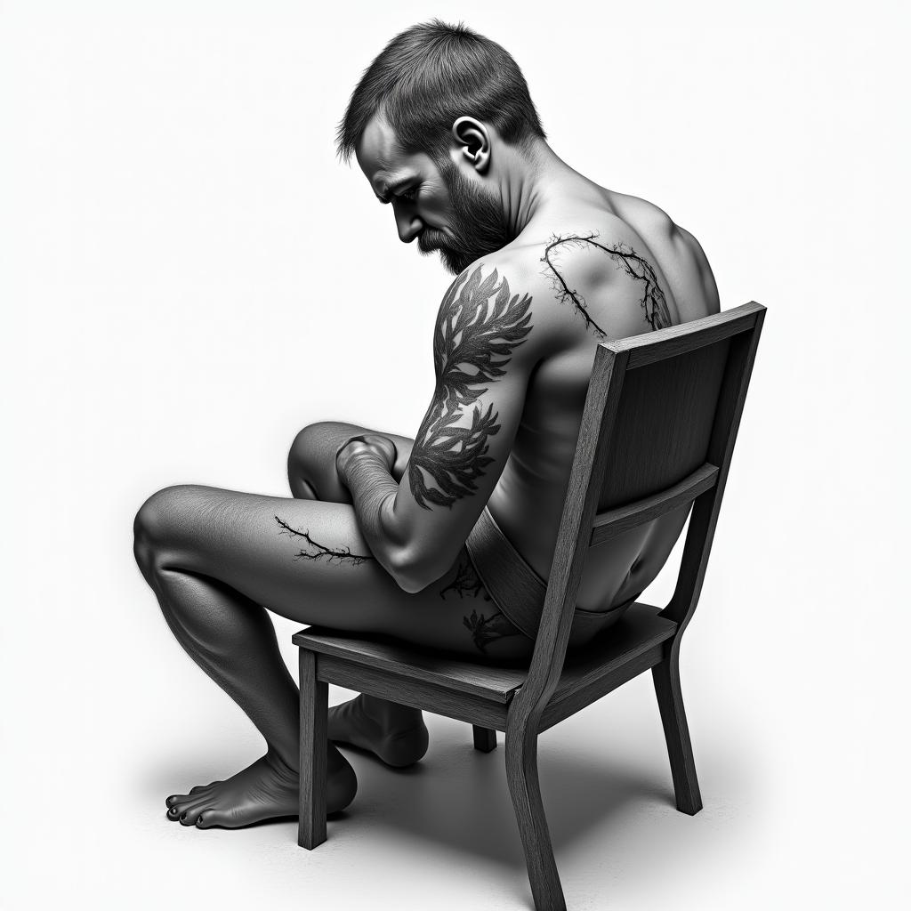 Someone tied to a chair with injuries.in realism tattoo style, featuring a highly detailed, lifelike, capturing every detail, photorealistic, ultra realistic, intricate shading, smooth and sharp,   - Variation 2