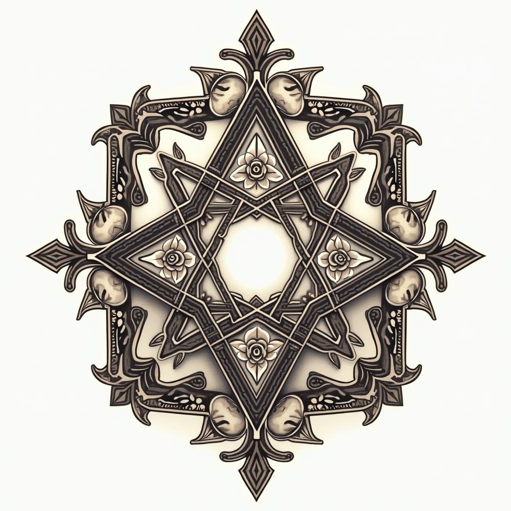 Sacred geometryin victorian style tattoo, featuring vintage and elegant elements, ornate frames, roses, antique, sepia-toned color scheme - Variation 2