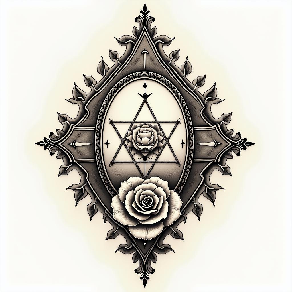 Sacred geometryin victorian style tattoo, featuring vintage and elegant elements, ornate frames, roses, antique, sepia-toned color scheme - Variation 4