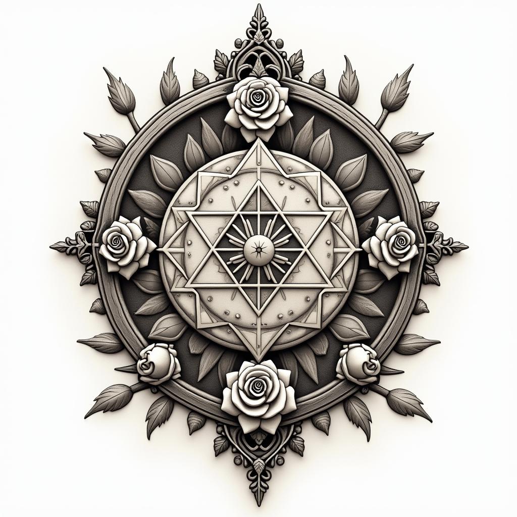 Sacred geometryin victorian style tattoo, featuring vintage and elegant elements, ornate frames, roses, antique, sepia-toned color scheme - Variation 3