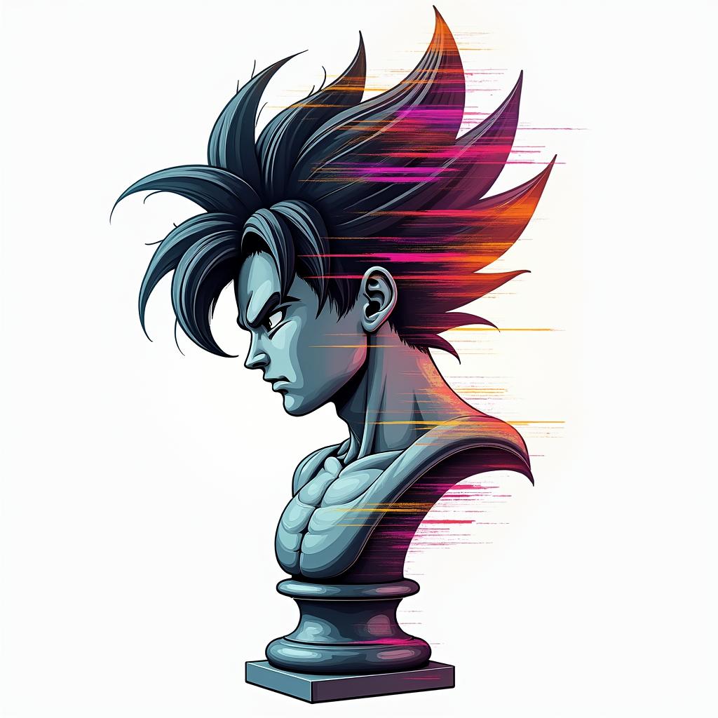 Anime, dragon ball, super saiyanin distorted and fragmented tattoo design, featuring a classical statue bust, in a glitch art style with vibrant, overlapping colors of cyan, magenta, and yellow, creating a digital distortion effect