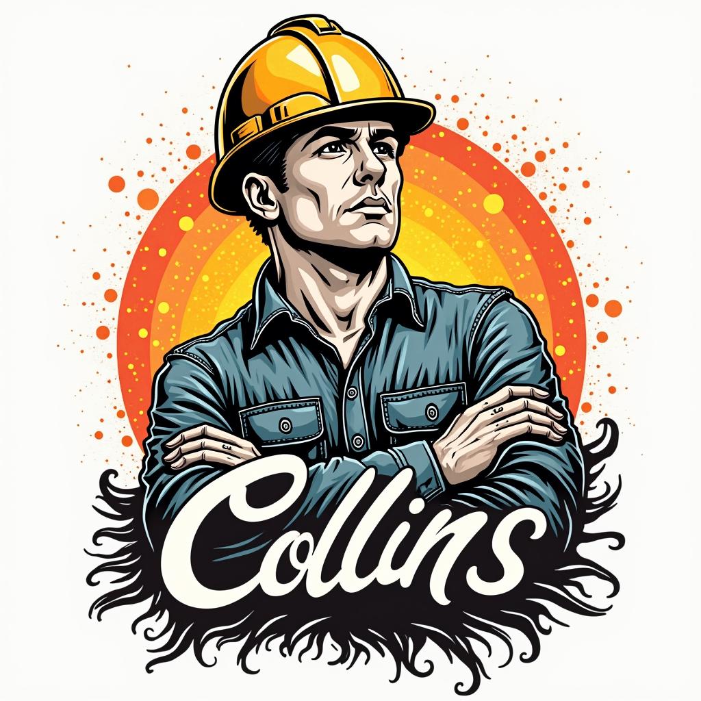 Construction company named “Collins Constructionin pop art style tattoo, featuring bold and vibrant colors, exaggerated outlines, iconic imagery, inspired by comic books and speech bubbles, comic book characters, retro pop culture - Variation 17